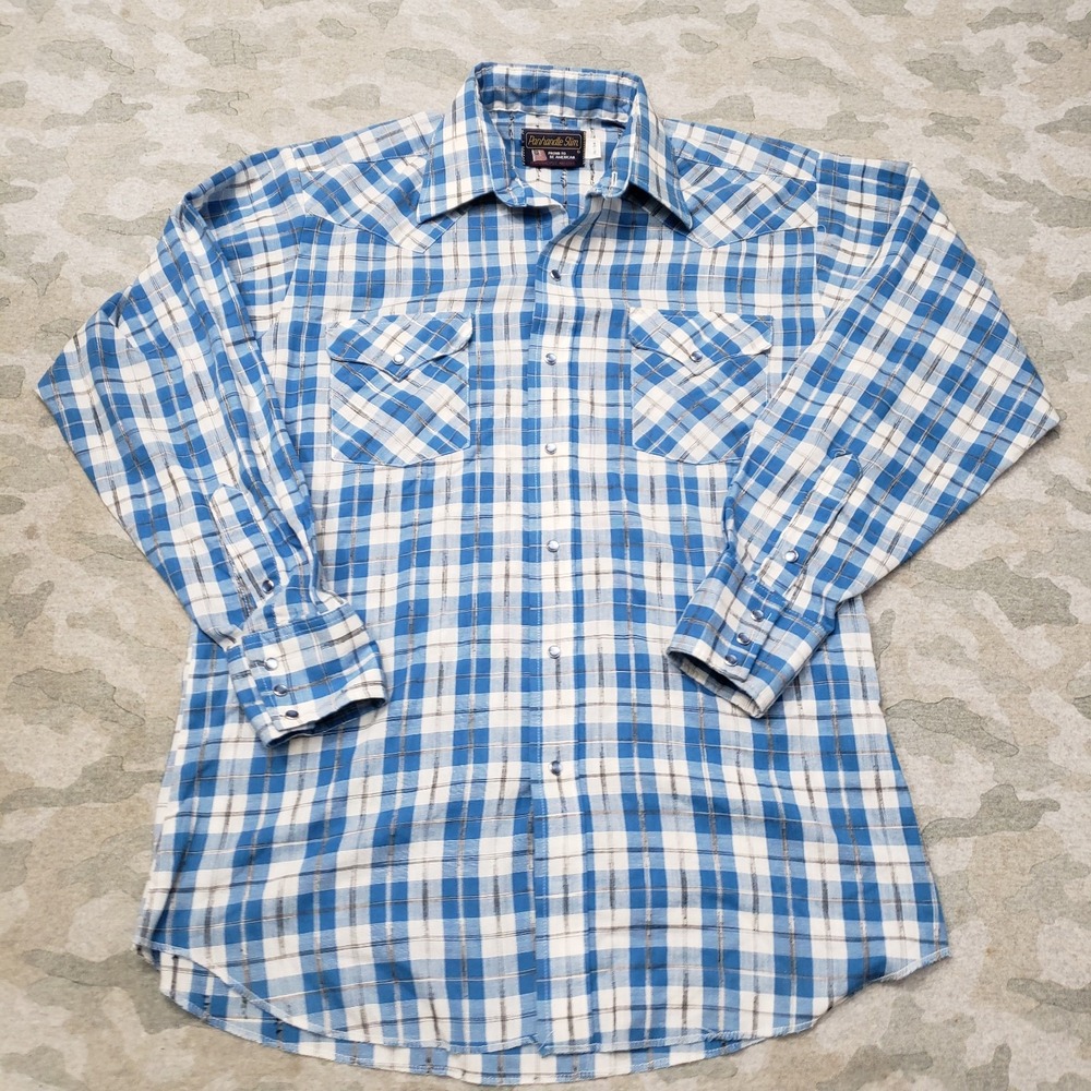 Vintage Pendleton Slim Shirt Mens 16-34 Blue Plaidā Pearl Snap Long Sleeve